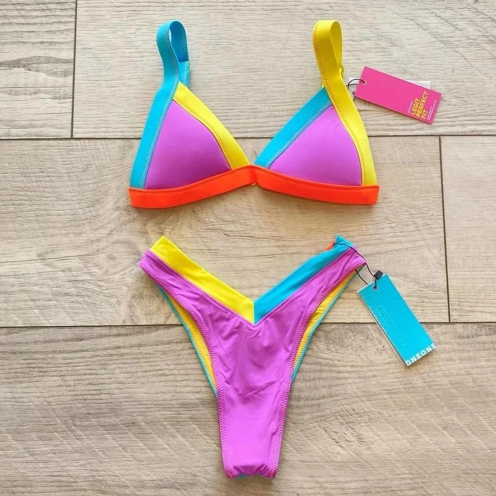 NWT OneOne Swimwear Bikini SET Sunrise Purple Blue Neon Jesse Kameron Small NEW